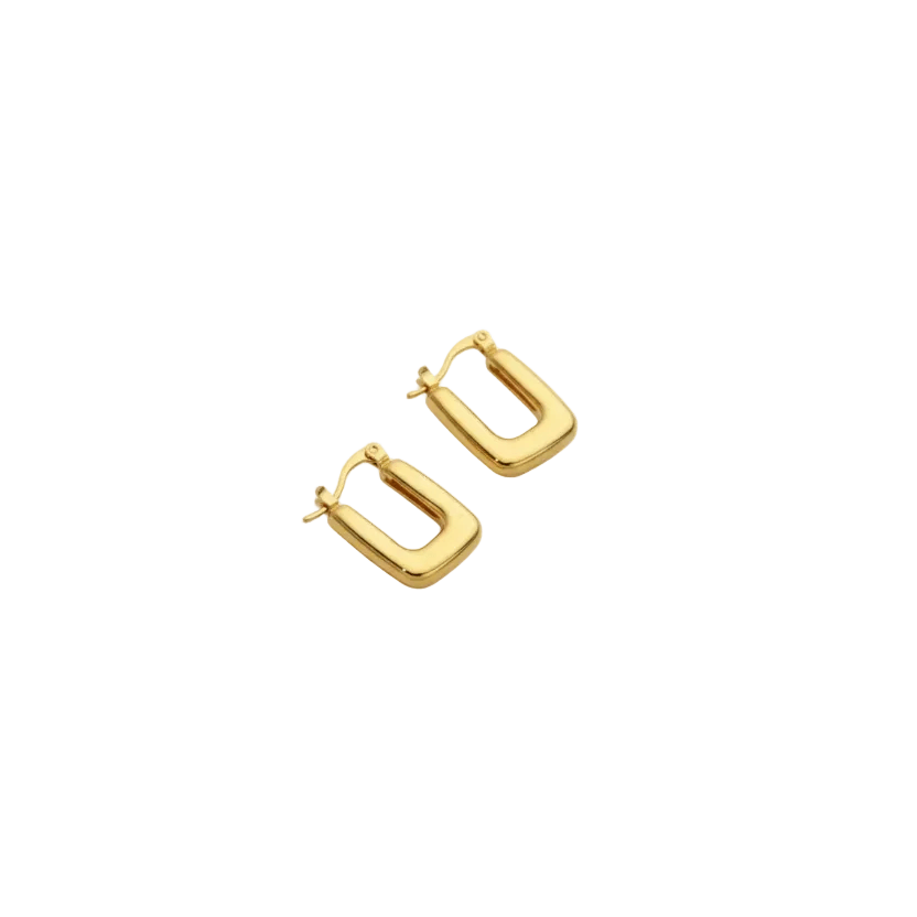 Ceyrah gold square hoop earrings on white background, modern jewelry style