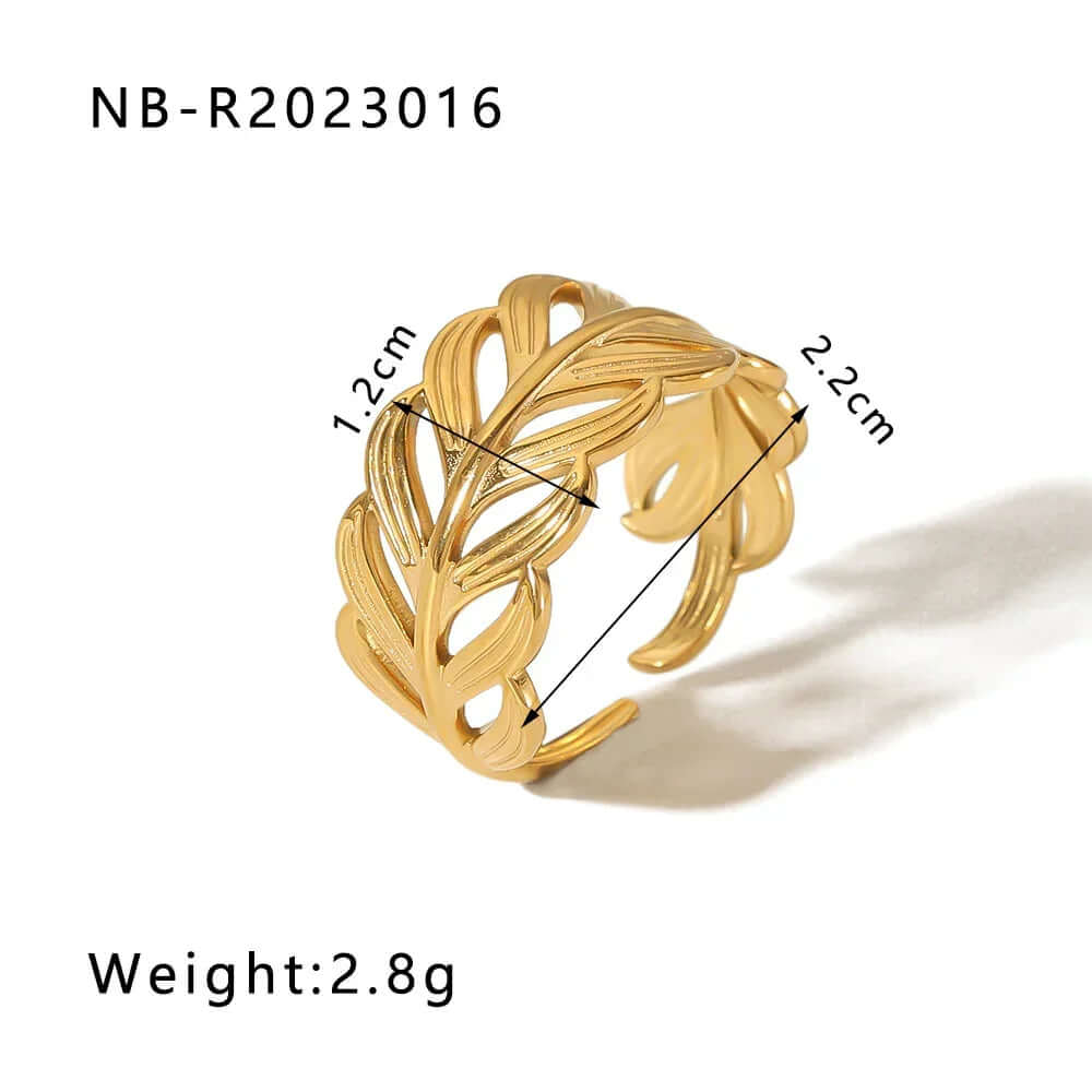 Adjustable Gold Leaf Ring showcasing a sculpted botanical design with dimensions indicated, lightweight at 2.8g.