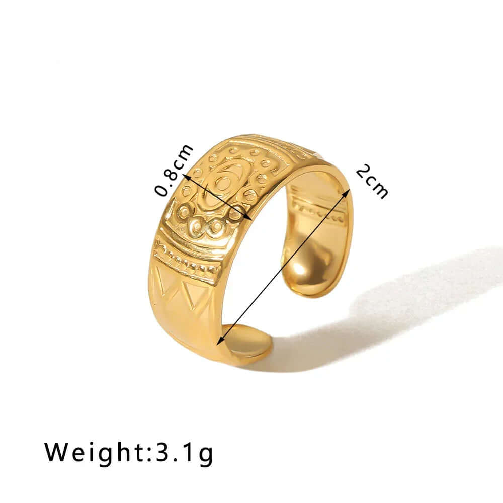Ceyrah gold adjustable ring with engraved details, 2cm diameter, 0.8cm width, 3.1g weight