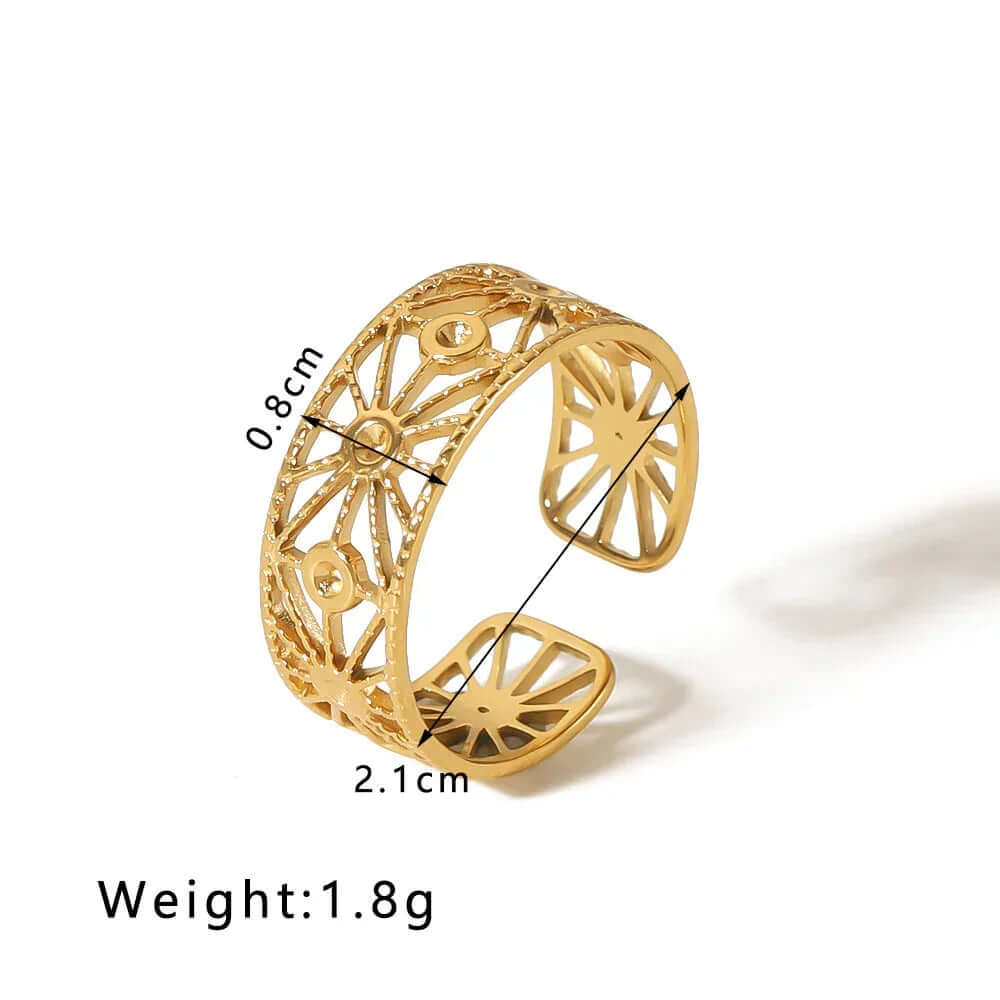Gold Cut Out Floral Ring showing intricate floral design and adjustable open-band silhouette.