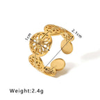 Gold Floral Leaf Cut Out Ring showcasing intricate designs, dimensions, and lightweight material.