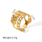 Gold Leaf & Chain Adjustable Ring showcasing its unique leaf and chain-link design with dimensions and weight.