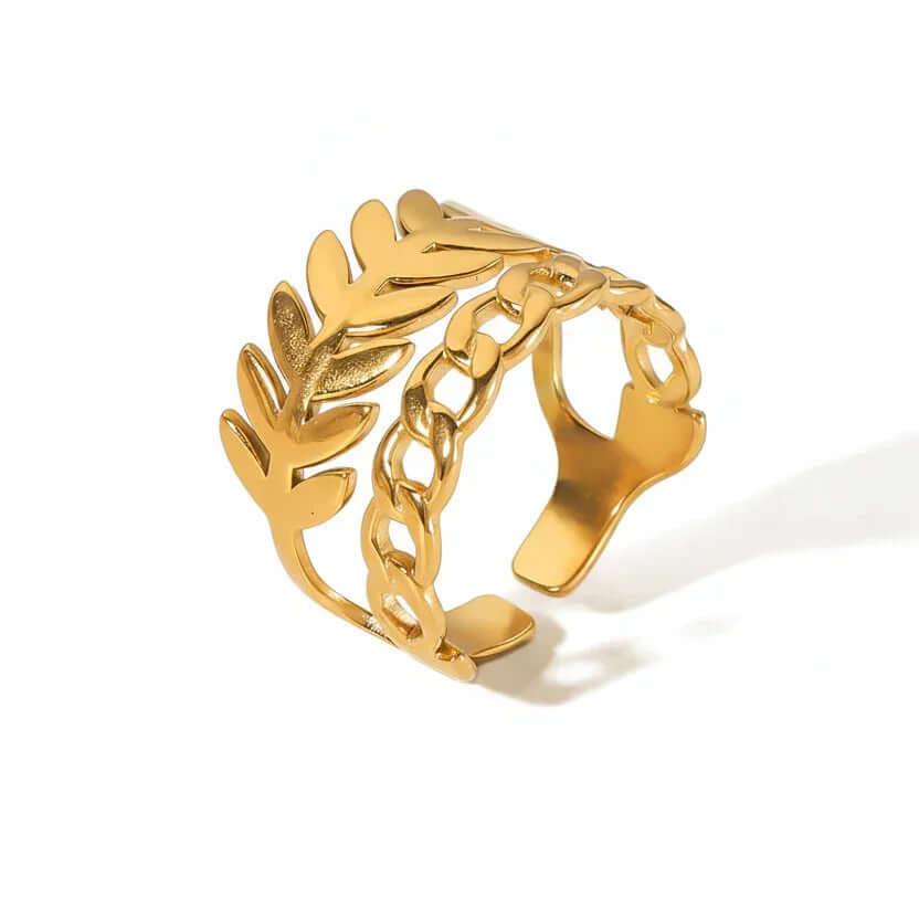 Gold Leaf & Chain Adjustable Ring featuring a leaf and chain-link design in gold.