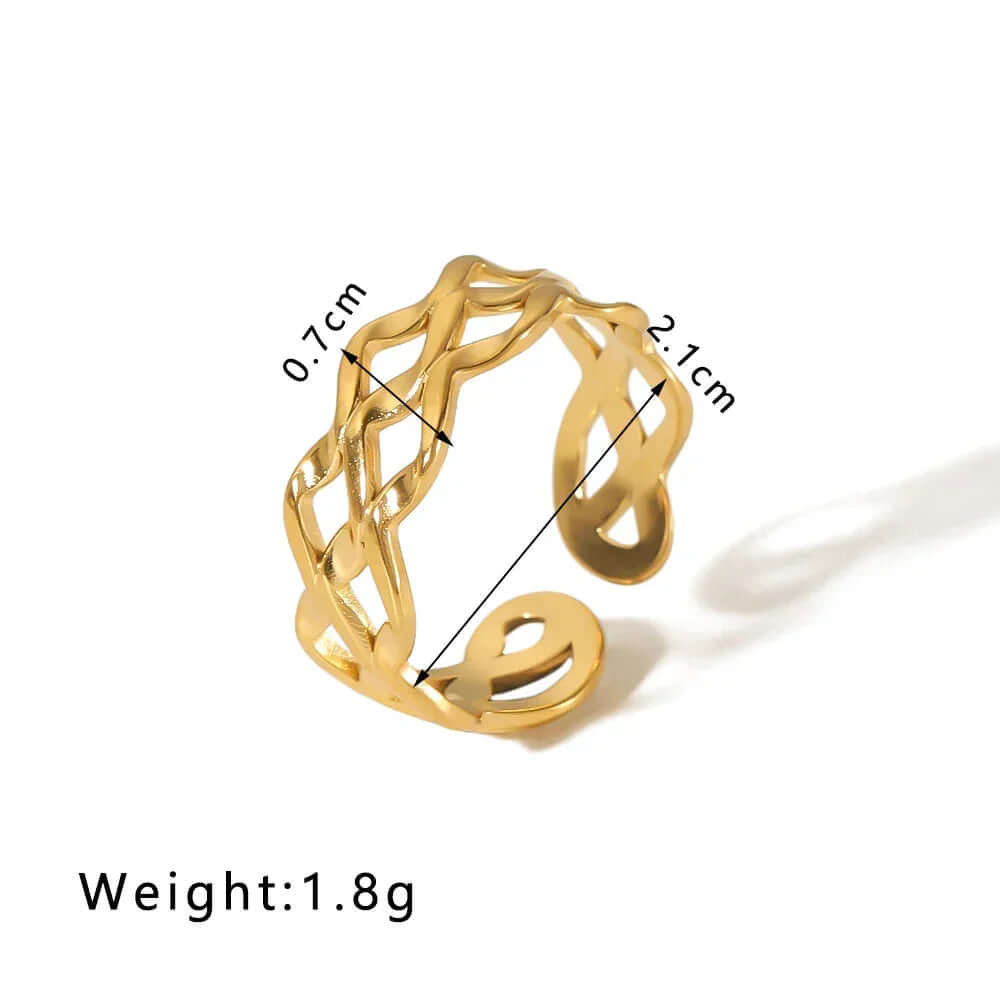Ceyrah gold open ring, braided design, 2.1cm by 0.7cm, weight 1.8g, jewelry product photo
