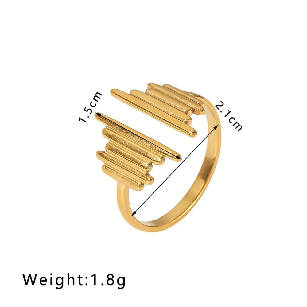 Gold Ridged Open Band Ring featuring a minimalist design with parallel ridged ends, dimensions 1.5cm x 2.1cm.