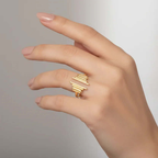 A hand wearing a Gold Ridged Open Band Ring showcasing its sleek, minimalist design and contemporary ridged details.