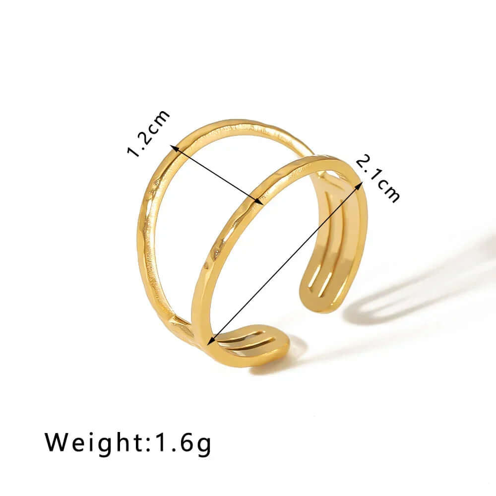 Gold Double Band Open Ring with dimensions, sleek design, and lightweight of 1.6g for modern elegance.
