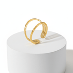 Gold Double Band Open Ring displayed on a round pedestal showcasing its minimalist design.