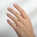 Gold Double Band Open Ring showcased on a hand, featuring a sleek double band design for modern elegance.