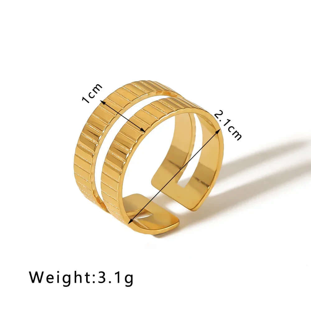 Gold Textured Double Band Ring with textured design, measuring 1 cm in height and 2.1 cm in length, weighs 3.1g.