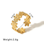 Gold Floral Linked Ring with sculpted flowers, 0.9cm wide and 2.1cm tall, weighing 2.6g, ideal for stacking or everyday wear.