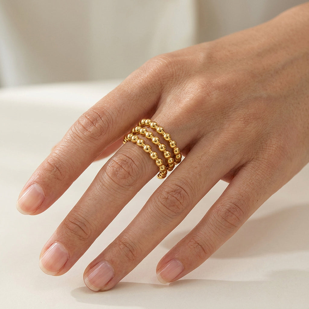 Gold Triple Row Beaded Adjustable Ring