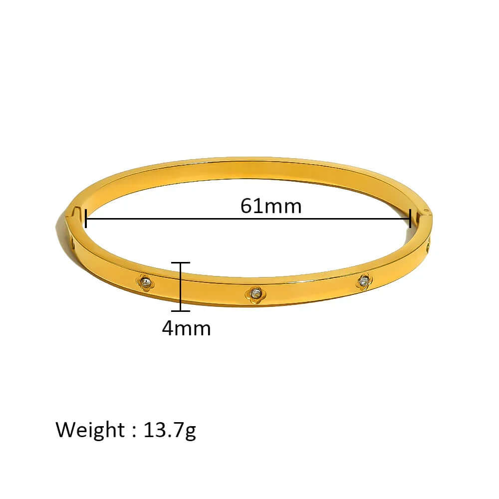Ceyrah gold bangle bracelet with crystals, 61mm diameter, 4mm width, 13.7g weight