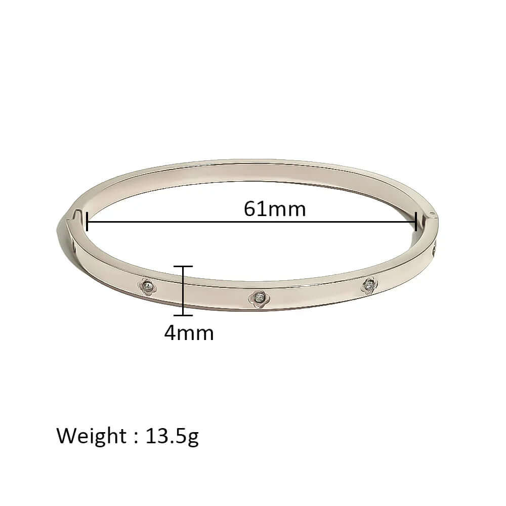 Ceyrah silver bangle bracelet with crystal accents, 61mm diameter, 4mm wide, 13.5g weight