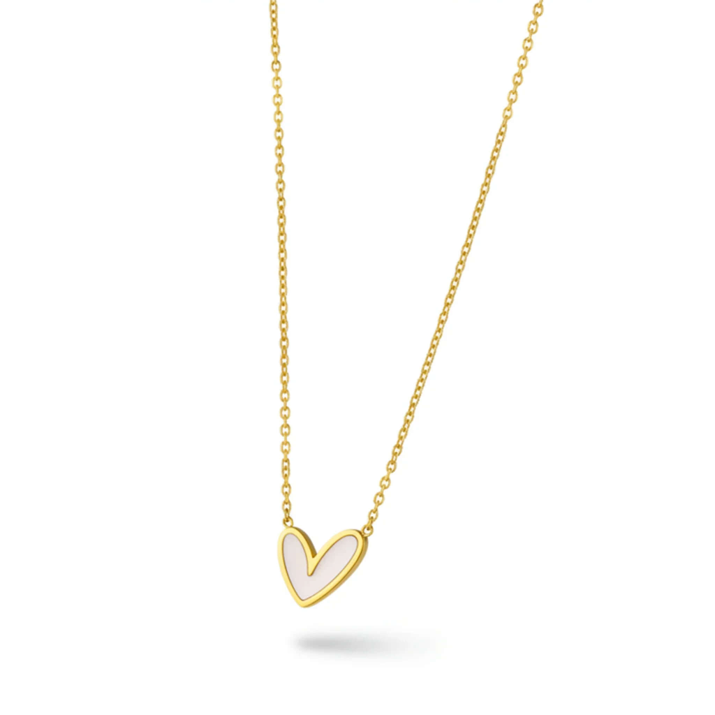 Gold chain necklace with a white enamel heart pendant on white background, Ceyrah jewelry