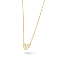 Gold chain necklace with a white enamel heart pendant on white background, Ceyrah jewelry
