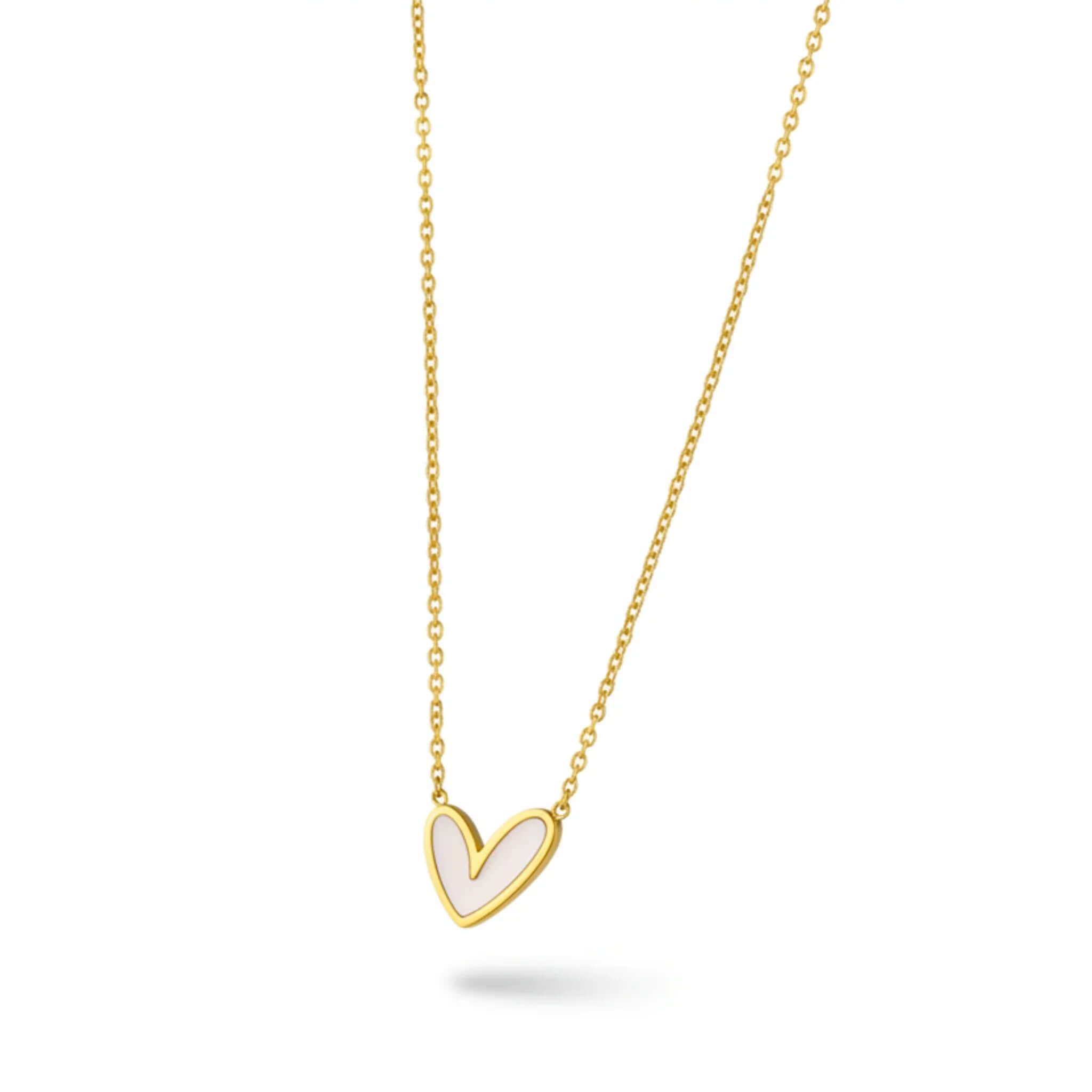 Gold chain necklace with a white enamel heart pendant on white background, Ceyrah jewelry