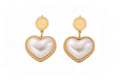 Ceyrah gold heart-shaped pearl drop earrings with round stud accents on white background
