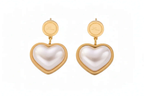 Ceyrah gold heart-shaped pearl drop earrings with round stud accents on white background