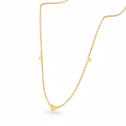 Ceyrah gold chain necklace with three small heart charms on white background
