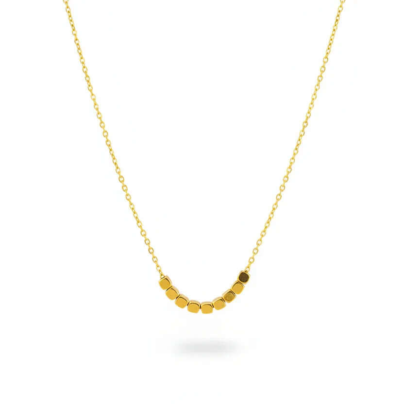 Dainty Square Gold Necklace on a delicate chain, featuring sleek geometric gold segments for everyday elegance.