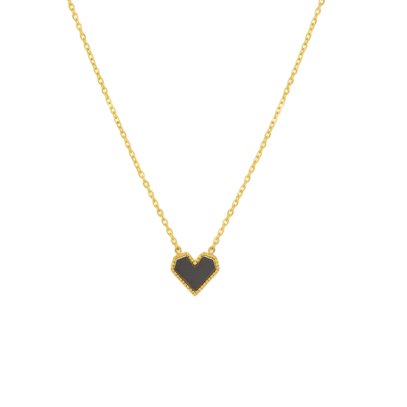 Gold chain necklace with black heart pendant by Ceyrah on light background
