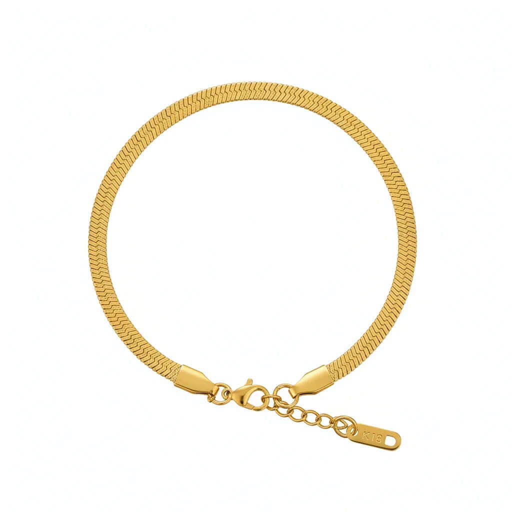 Ceyrah gold herringbone chain bracelet with adjustable clasp on white background