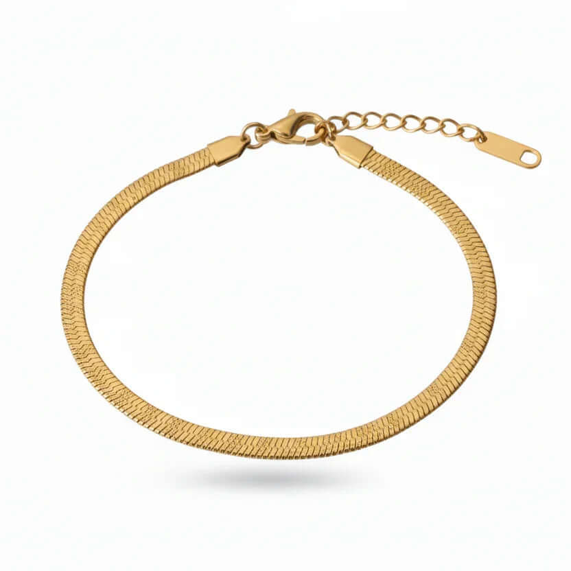 Ceyrah gold herringbone chain bracelet with adjustable clasp on white background