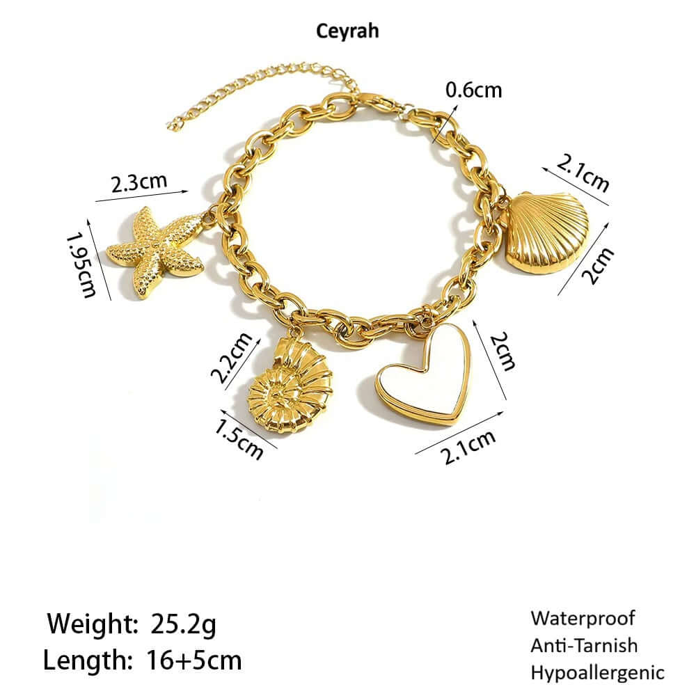 Gold bracelet with heart and shell charms with measurements