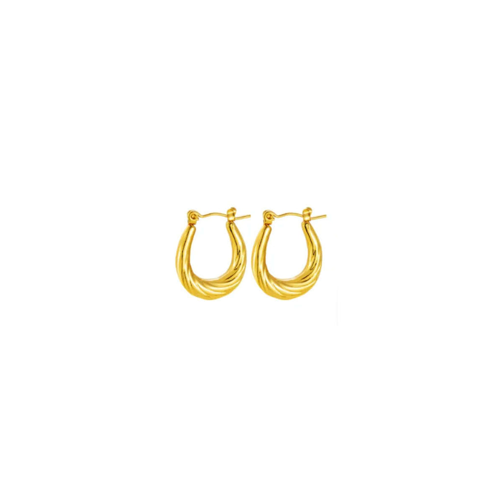 Pair of Twisted U Shaped Gold Hoop Earrings on a white background