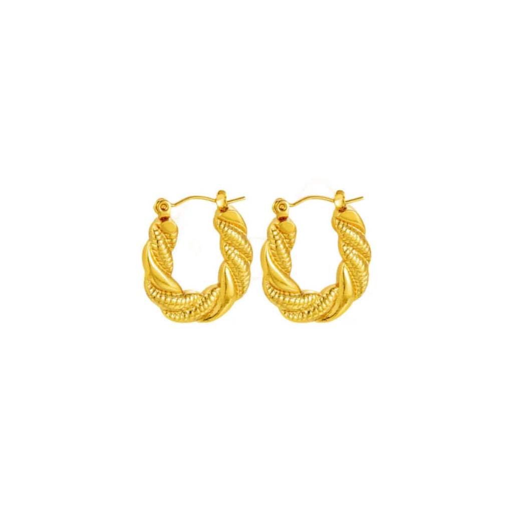 Pair of Gold Twisted Rope Hoop Earrings on a white background