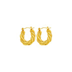 Pair of Gold Twisted Rope Hoop Earrings on a white background