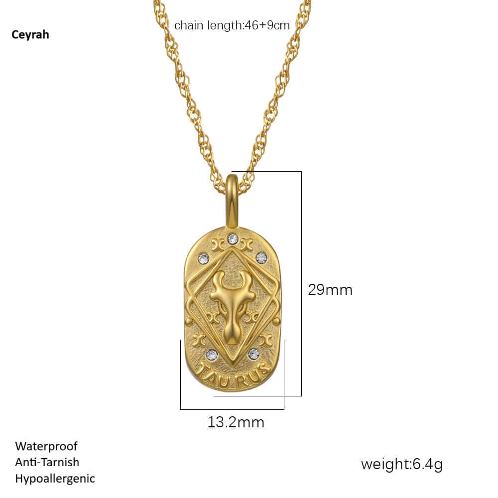 Gold Engraved Zodiac Sign Necklaces with measurements 