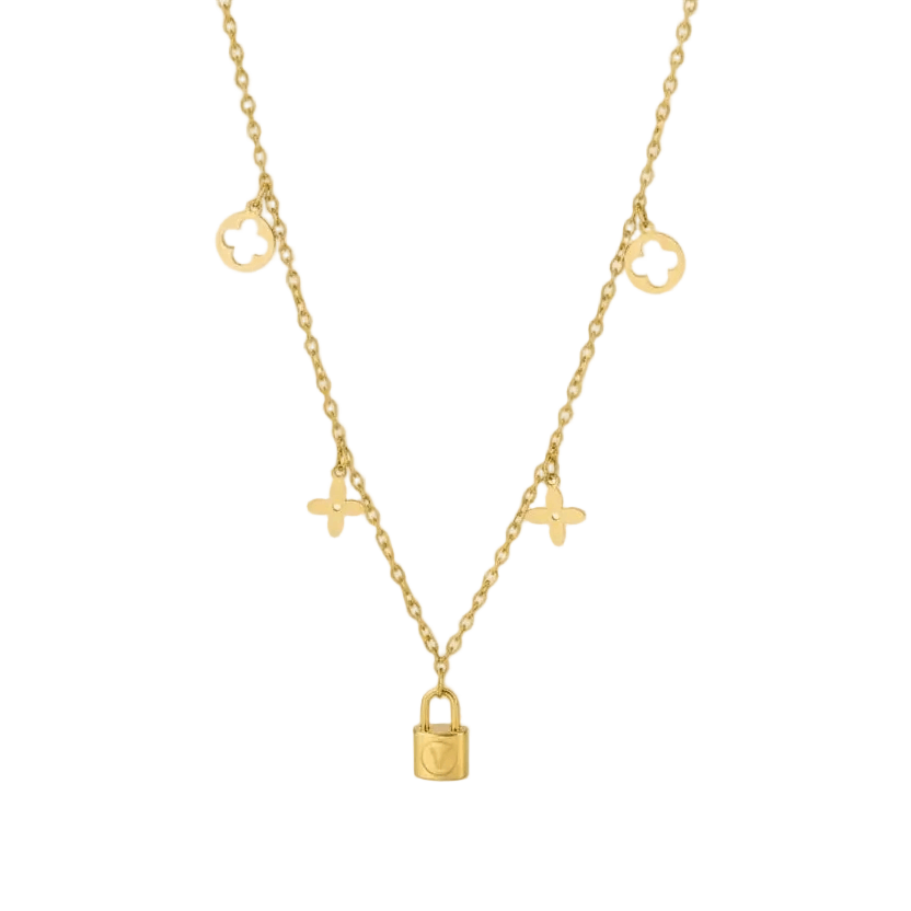 Ceyrah Clover Charm Necklace with Lock Pendant on cream background