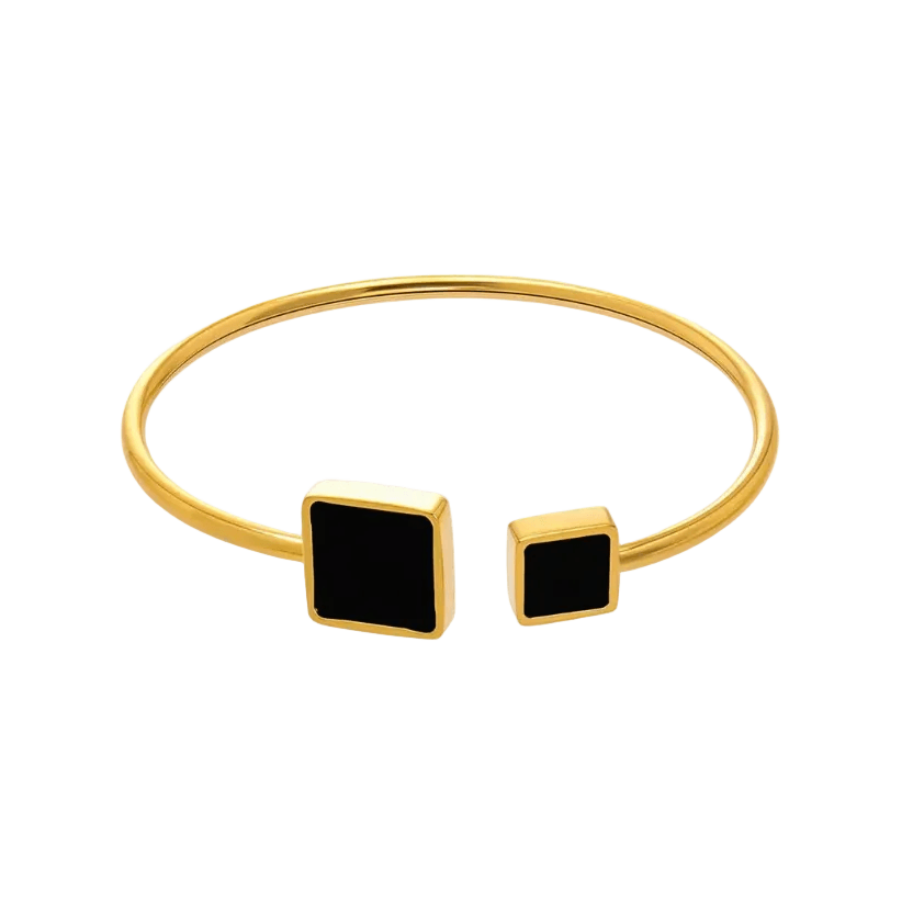 Ceyrah gold open bangle with black square accents, minimalist jewelry design