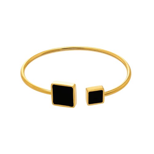 Ceyrah gold open bangle with black square accents, minimalist jewelry design