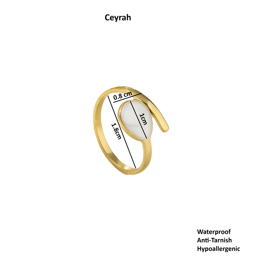 Gold Teardrop Wrap Ring showing size dimensions, waterproof and hypoallergenic features, elegant design.