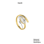 Gold Teardrop Wrap Ring showing size dimensions, waterproof and hypoallergenic features, elegant design.