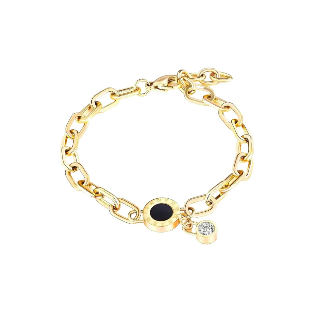 Ceyrah gold chain bracelet with black center charm and clear gemstone accent