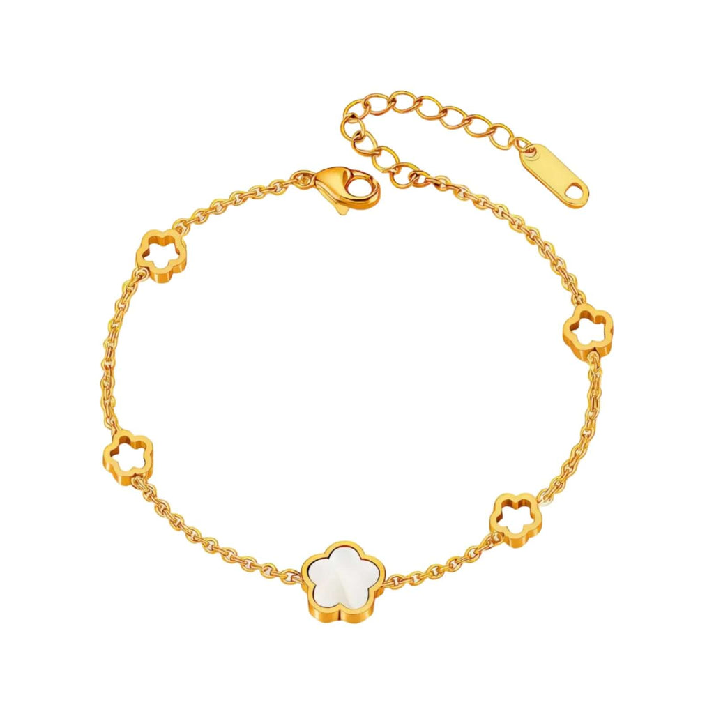 Gold chain bracelet with white and gold flower charms, Ceyrah jewelry