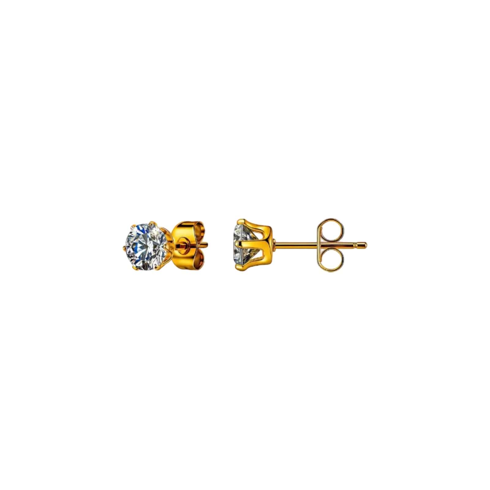 Ceyrah gold stud earrings with round clear gemstones on white background
