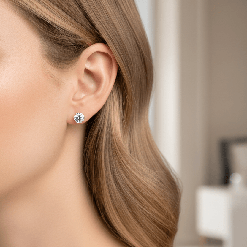 Close-up of a person wearing a diamond earring with a blurred background