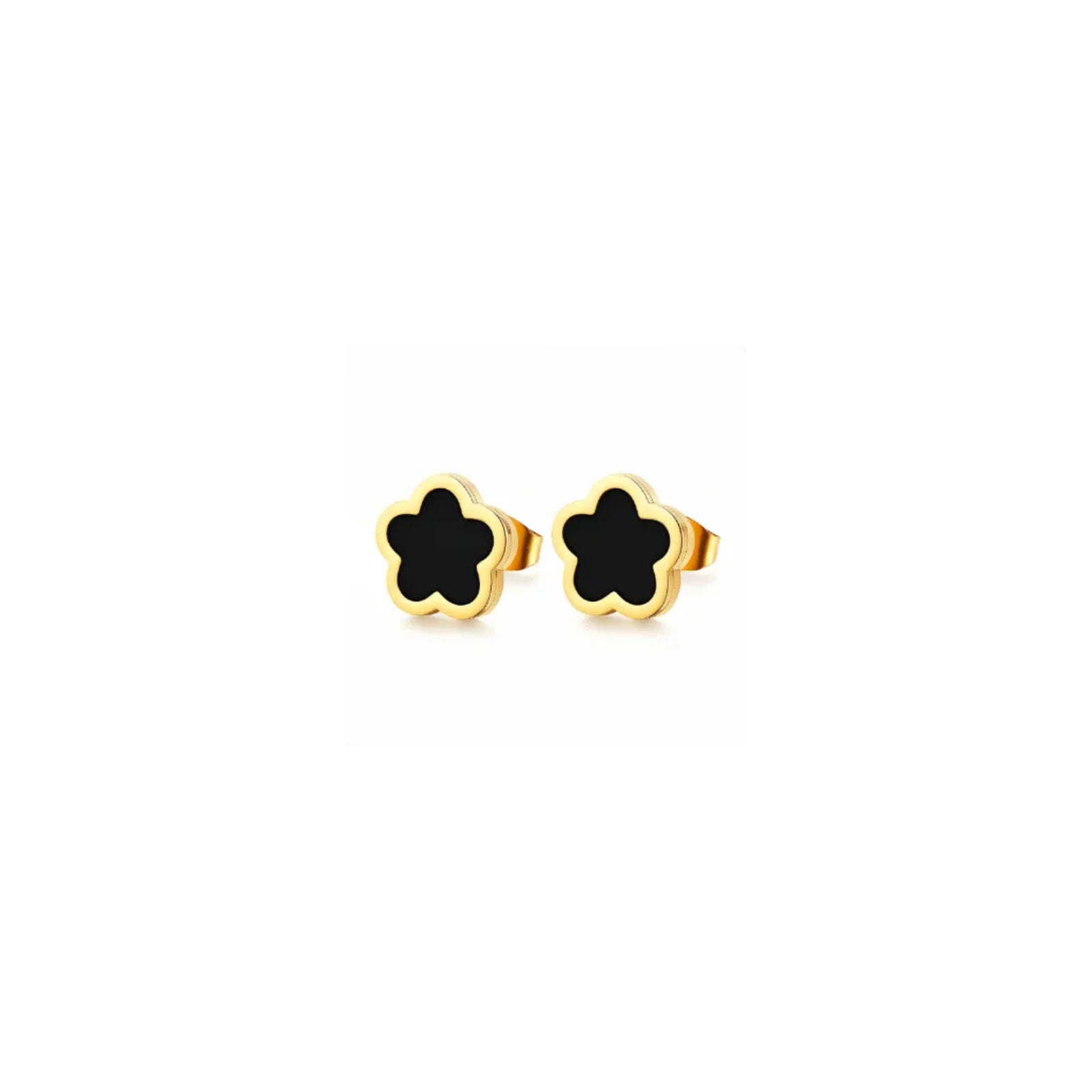 Ceyrah gold cufflinks with black clover flower design on white background