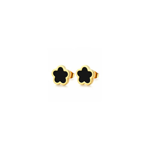 Ceyrah gold cufflinks with black clover flower design on white background