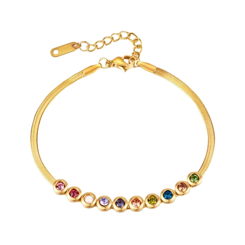 Ceyrah gold bracelet with colorful gemstones, adjustable chain, on white background