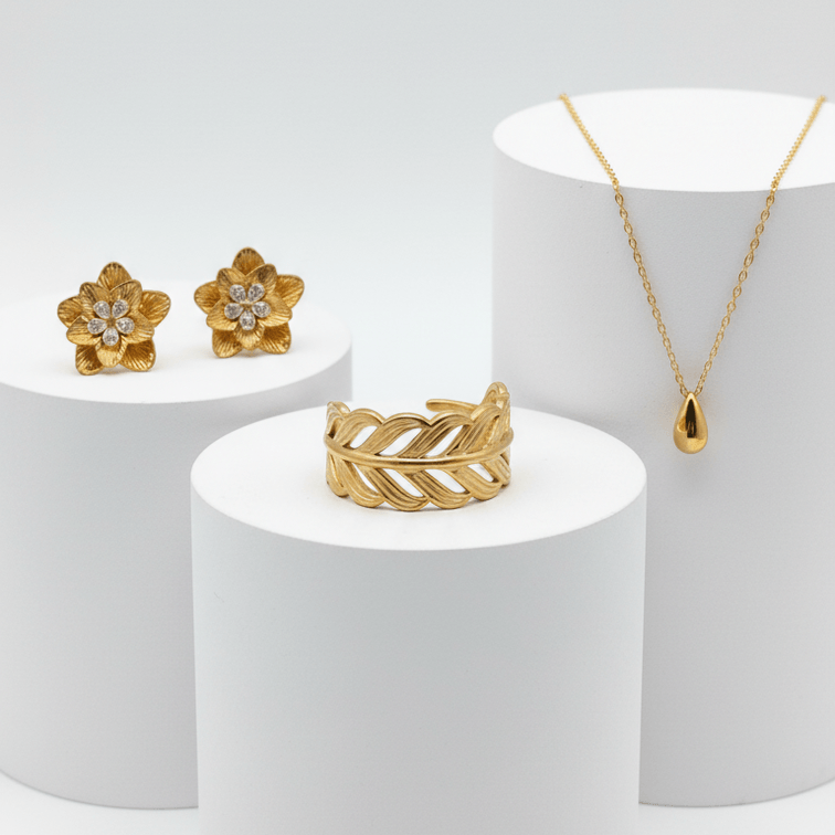 Adjustable Gold Leaf Ring + drop necklace  + floral earrings