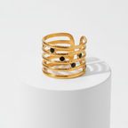 Astra Five‑Band Black Stone Adjustable Ring on a white pedestal against a light gray background