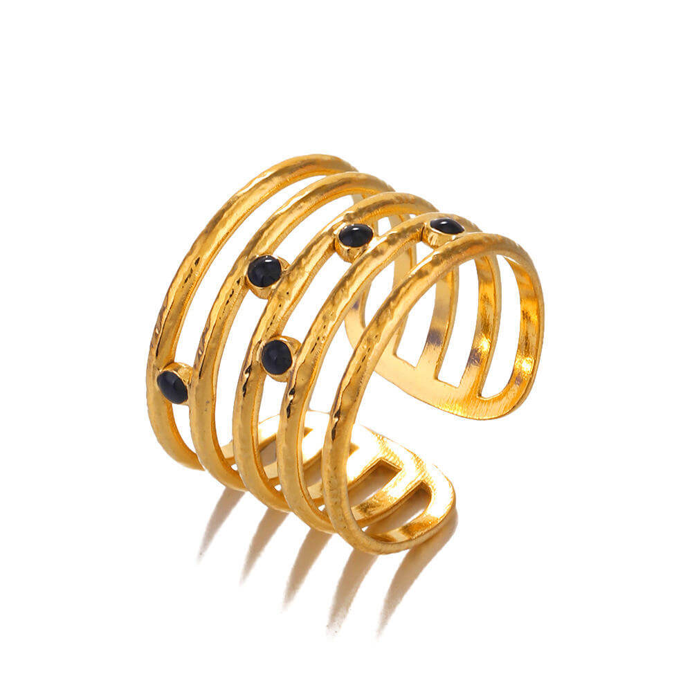 Astra Five‑Band Black Stone Adjustable Ring on a white background