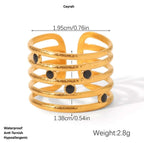 Astra Five‑Band Black Stone Adjustable Ring and measurements on a white background