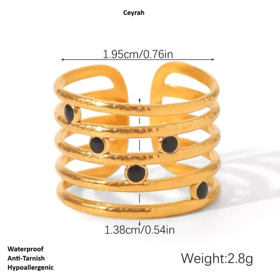 Astra Five‑Band Black Stone Adjustable Ring and measurements on a white background